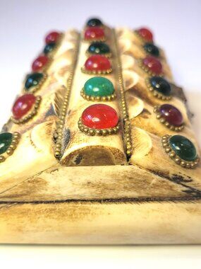 1970 Carved Bone & Brass Treasure Chest, Faux Gemstone Cabochons, Brass Owl Clip